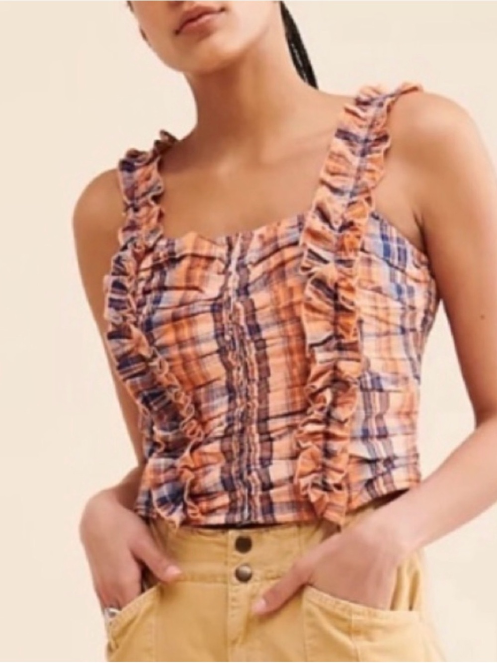 Anthropologie Verb Ruffled Plaid Square-Neck Camisole in Peach & Blue